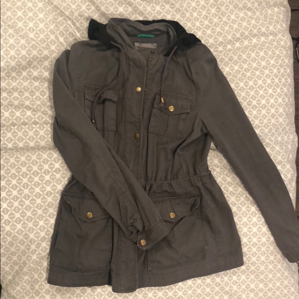 Grey Military Jacket with Black Hood